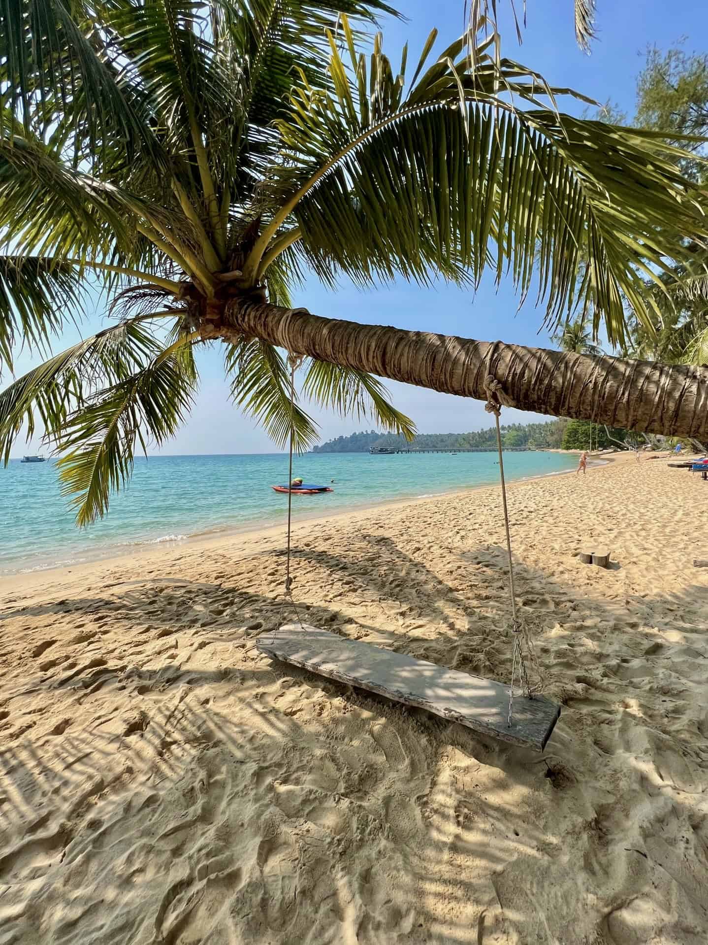 Tropical beach scene featuring a palm tree with a hanging wooden swing, golden sand, turquoise ocean water, and clear blue sky, perfect for relaxing or vacation imagery.