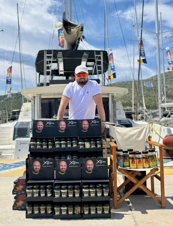 Fresh spices display at a marina with yachts in the background, showcasing Pikasea's specialty spice products for culinary enthusiasts and maritime hospitality.