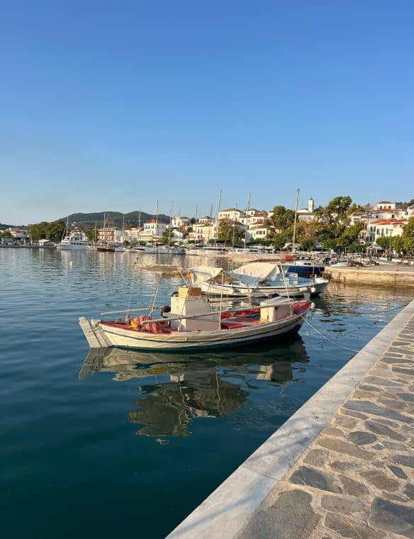 Colourful boats docked at a scenic marina with a picturesque coastal town and lush green hills in the background, perfect for lifestyle and travel photography.