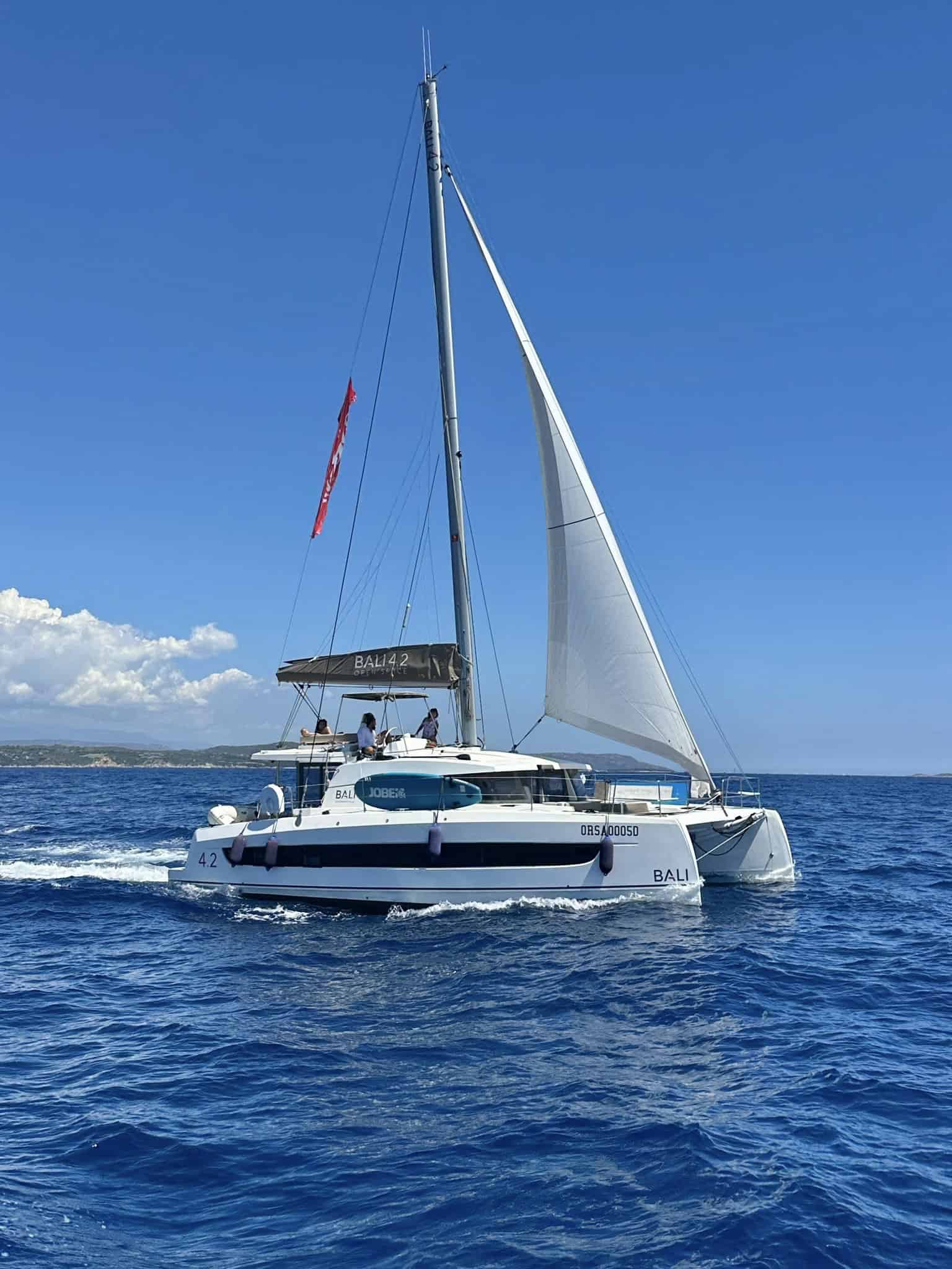 Yacht sailing boat on blue sea with clear sky and distant coastline in background.