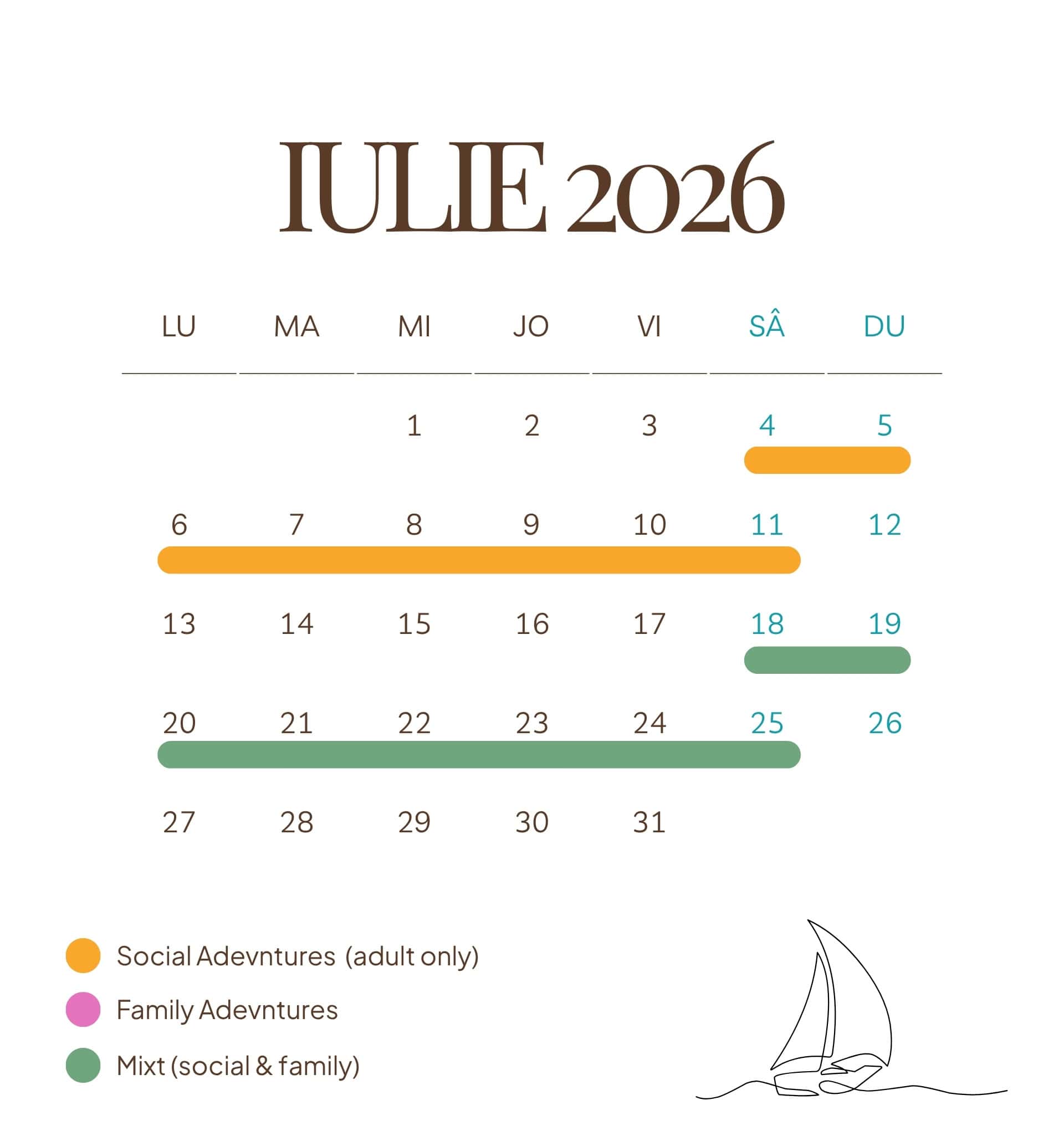 Relaxing summer holiday calendar for July 2026 with social, family, and mixed adventure days at Pikasea. Perfect for planning seaside activities and coastal adventures in Romania.