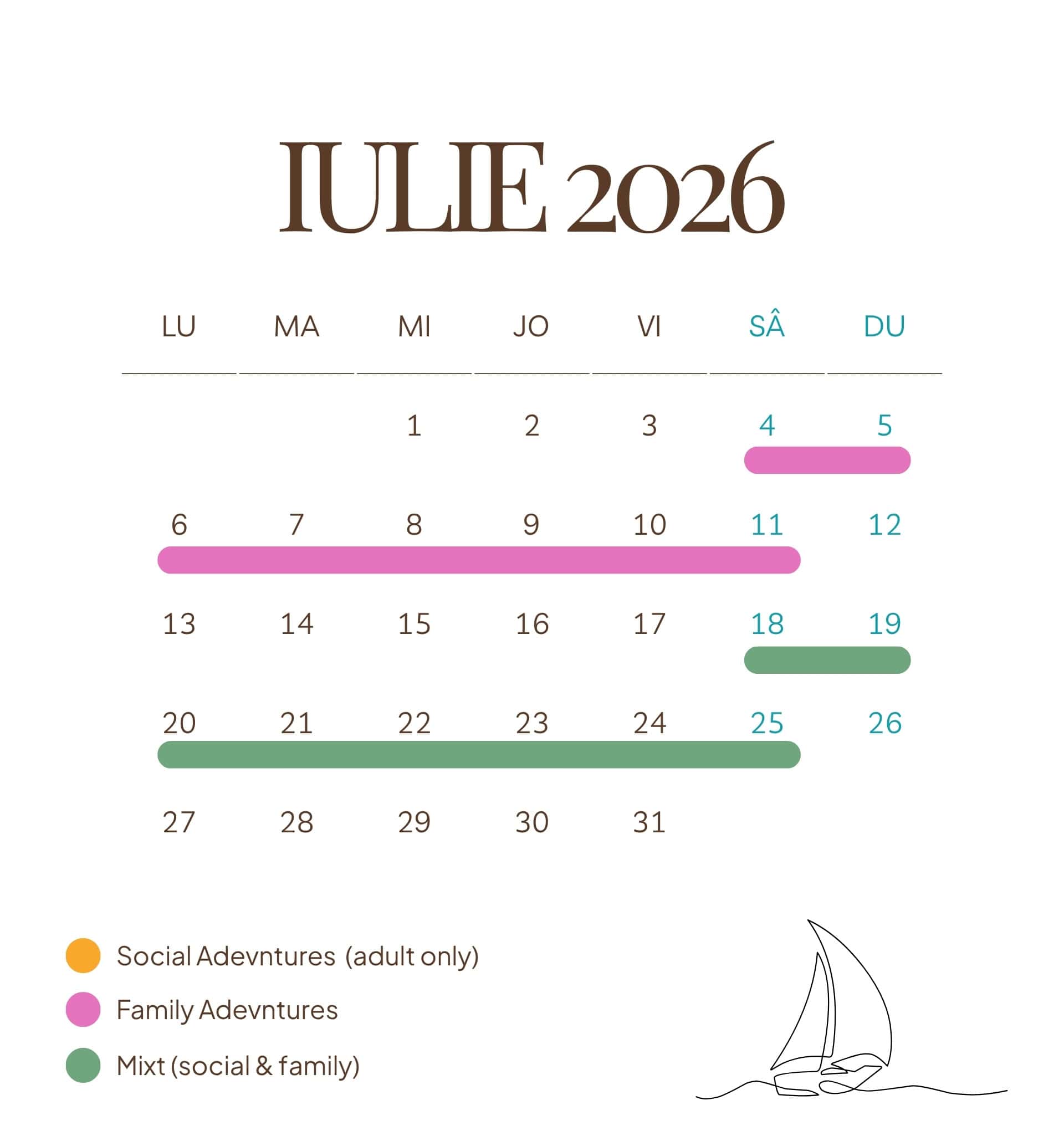 Calendar event schedule July 2026 with social, family and mixed adventure categories, designed for family holidays, social activities, and adult events, including specific dates for different adventure types.