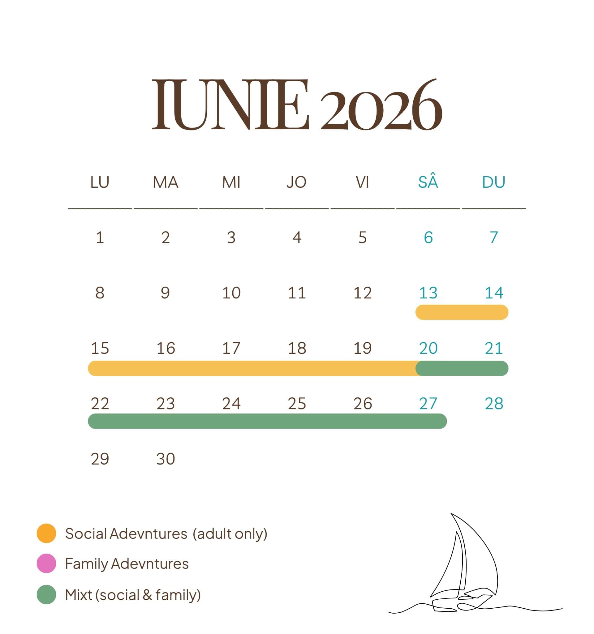 Calendar for June 2026 featuring social, family, and mixed adventure events with colour-coded bars indicating activity types, along with a simple sailboat illustration, perfect for travel and leisure SEO.
