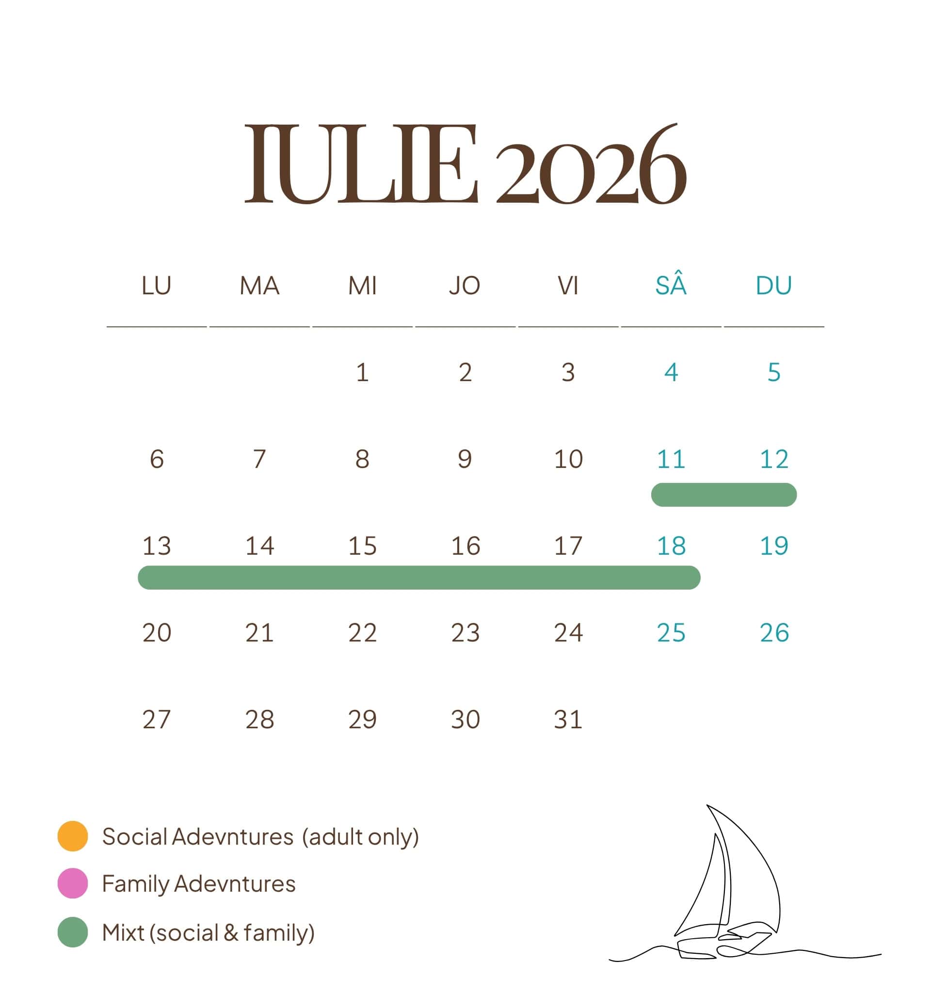 Pikasea summer 2026 family and social adventures calendar with sailboat illustration.