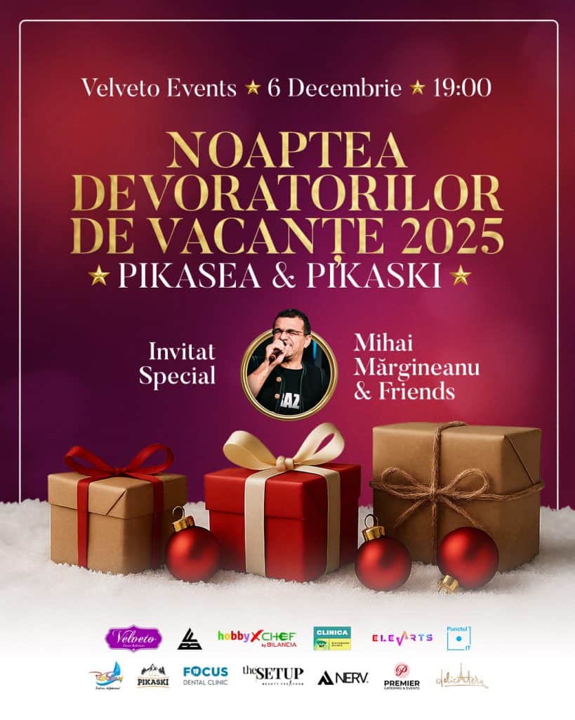 Night event poster for "Noaptea Devoratiorilor de Vacante 2025" at Pikasea, featuring special guest Mihai Marghineanu and festive gift boxes, highlighting holiday celebrations and entertainment in Romania.