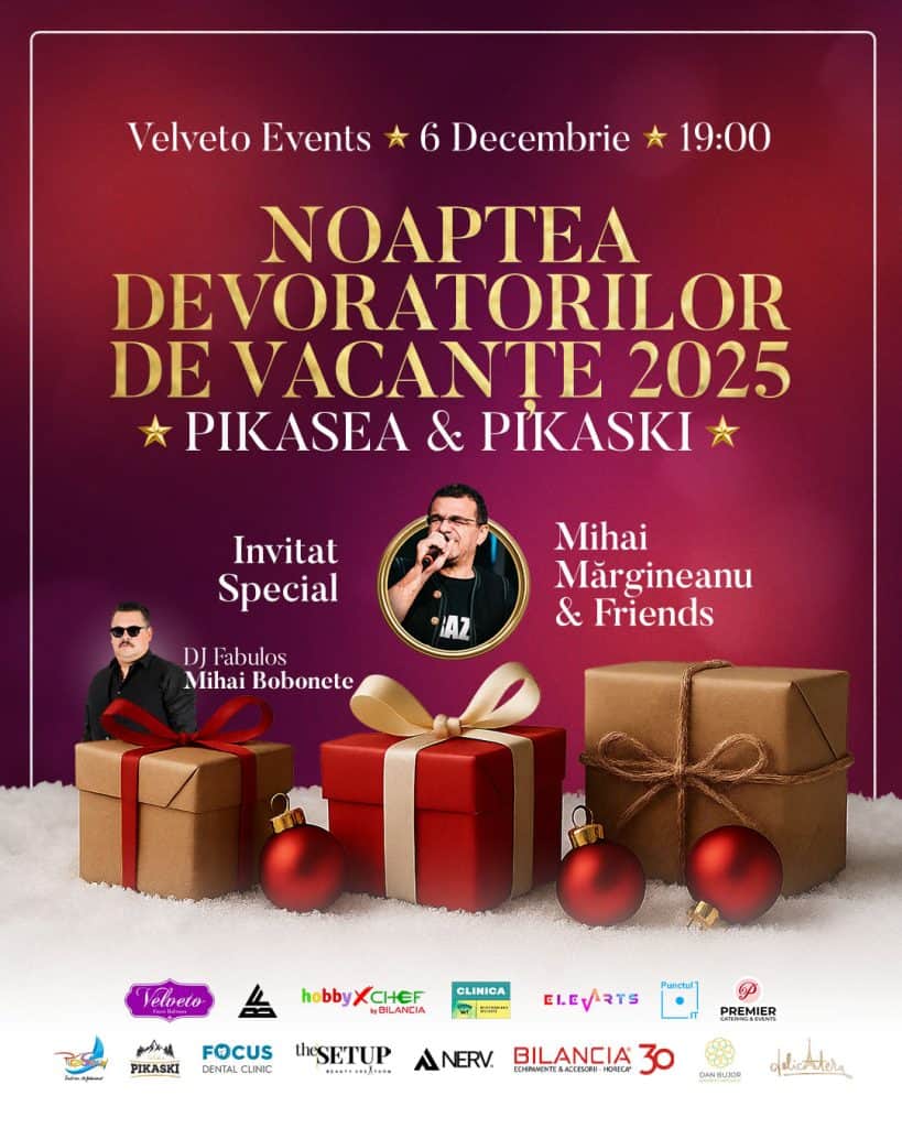 Noapte de petreceri de Crăciun 2025 cu Mihai Mărgineanu, Pikasea & Pikaski, invitați speciali, decor festiv, eveniment de sărbători în București, concert și distracție de final de an.