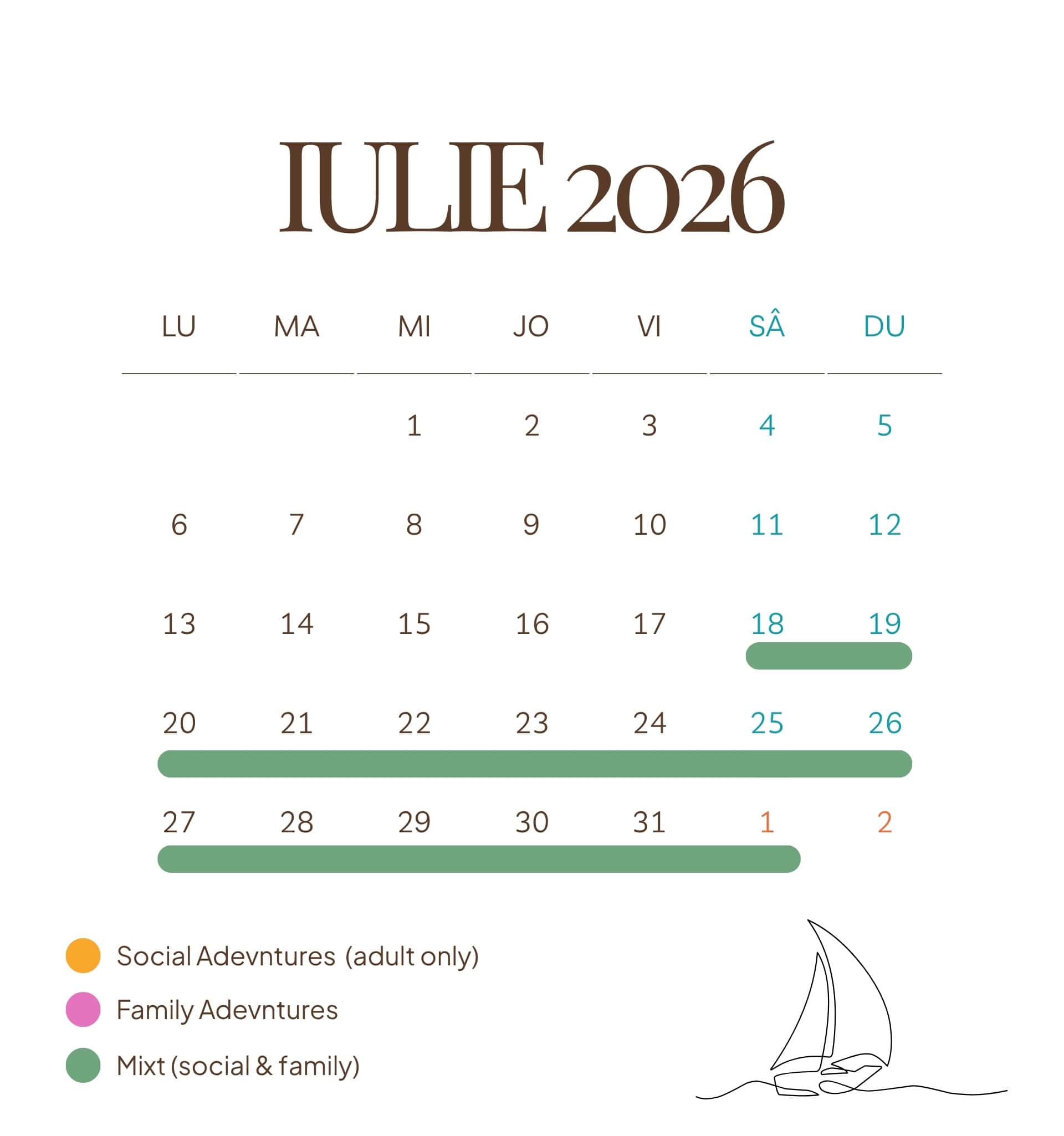 Calendar schedule for July 2026, featuring social and family adventures, highlighting outdoor activities, family-friendly events, and summer holidays at Pikasea resort in Romania.