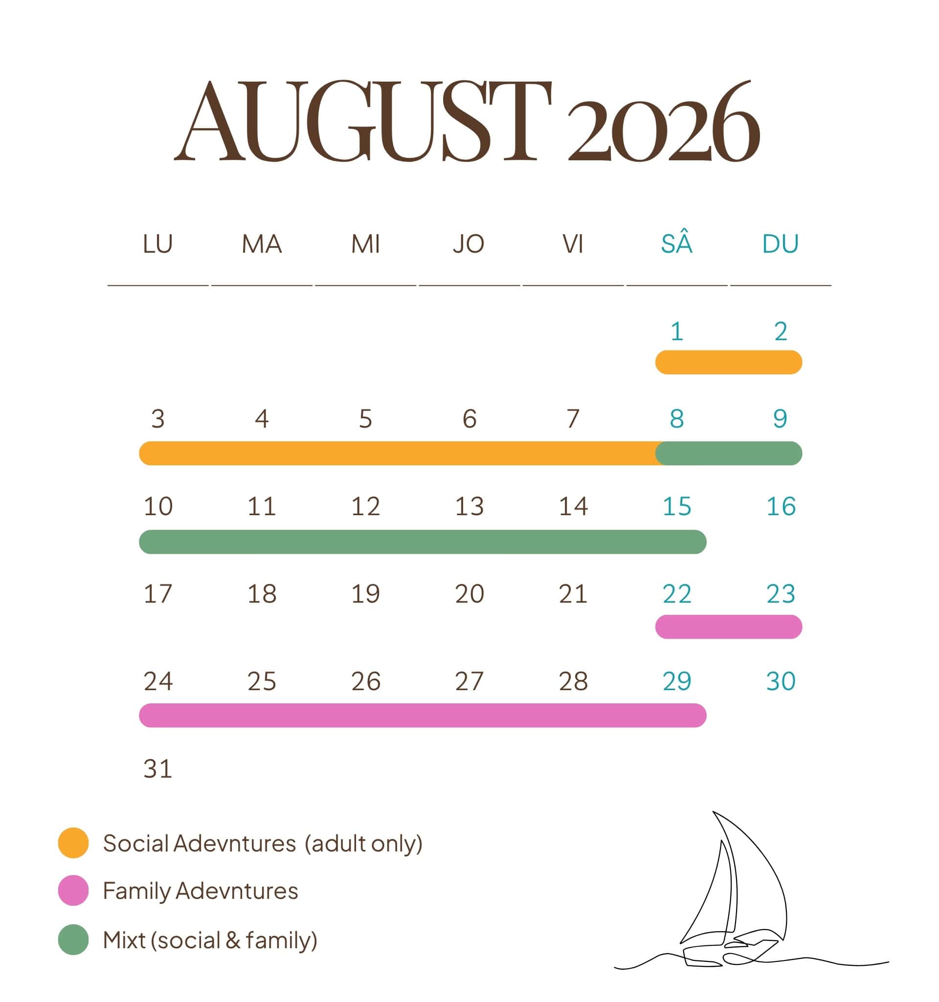 Family adventures July to August 2026 calendar with colourful event bars representing social, family, and mixed activities on specific dates.