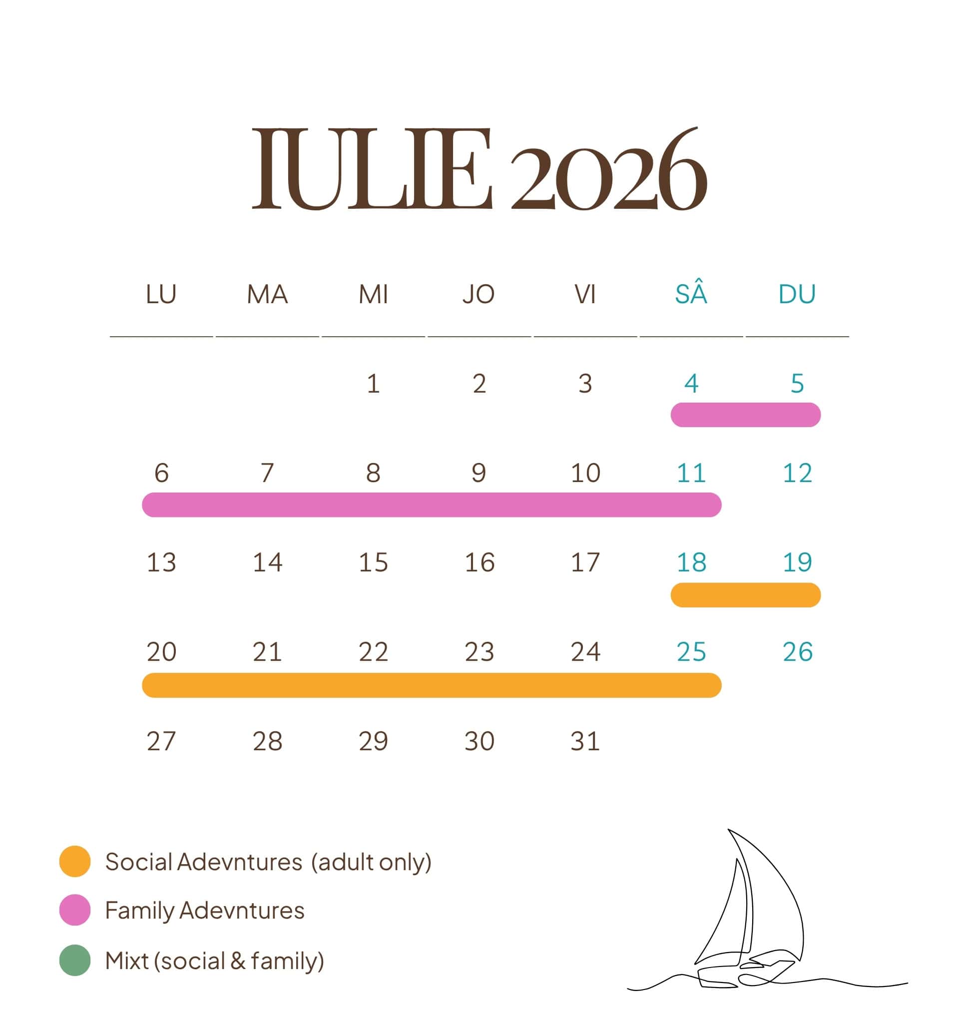 Calendar for July 2026 showing social and family adventures at Pikasea in Romania, with colour-coded activities including adult social events, family outings, and mixed social-family activities.