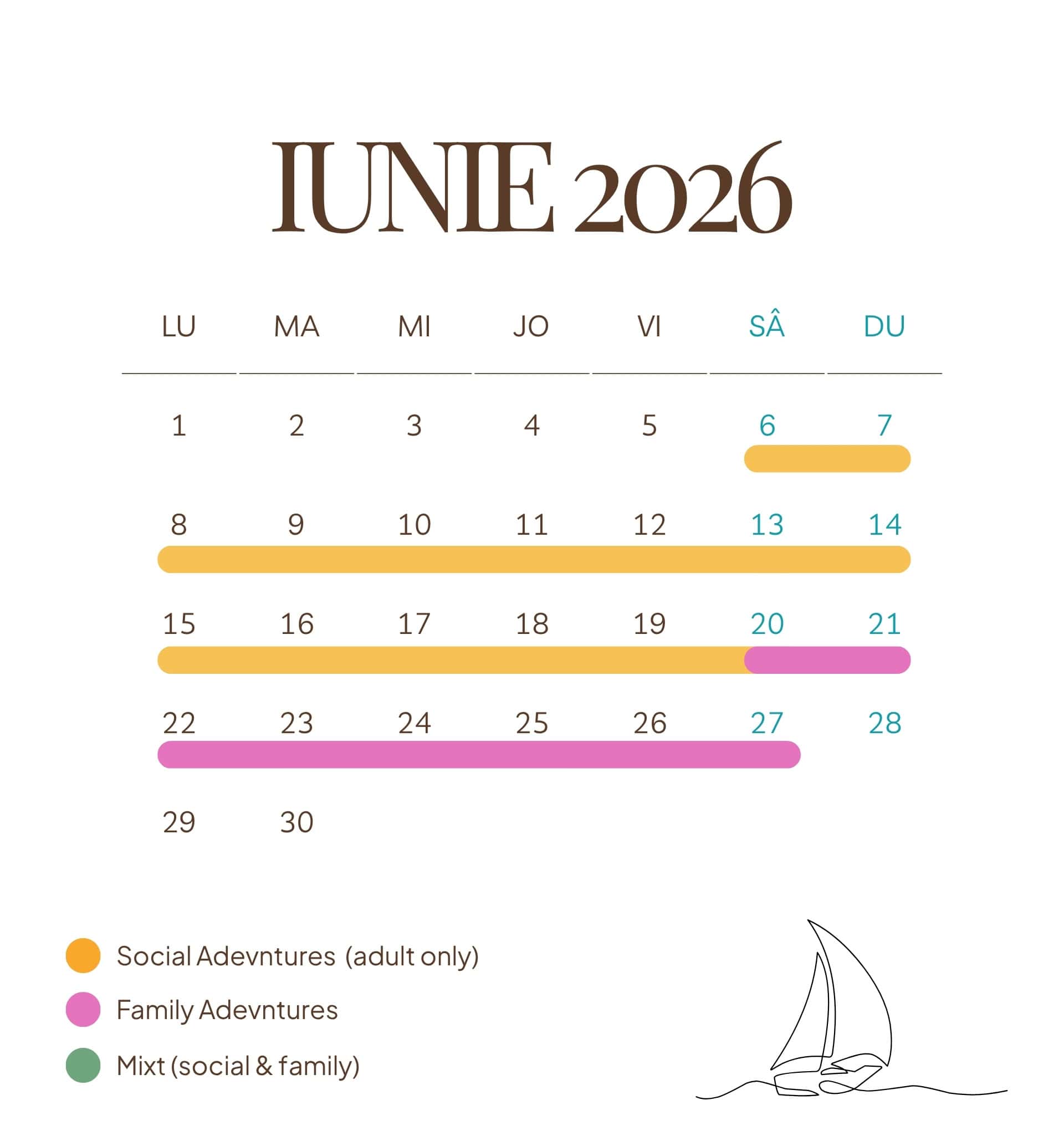 2026 June calendar with colourful travel event highlights, featuring social, family, and mixed adventures for planning outdoor activities and holidays, suitable for travel and leisure SEO.