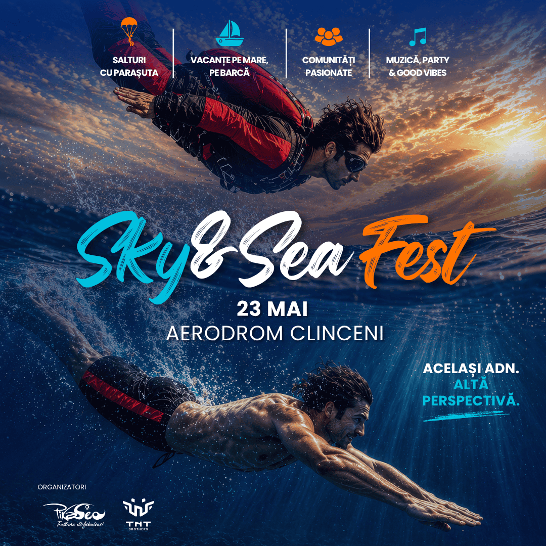 A vibrant image of two athletes diving into the sea during Sky & Sea Fest 2026, showcasing adventure, water sports, and outdoor fun at the Aerodrom Clinceni event.