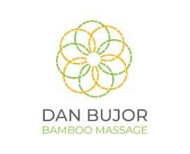 Bamboo massage logo with a colorful, circular floral design and the text "DAN BUJOR BAMBOO MASSAGE".